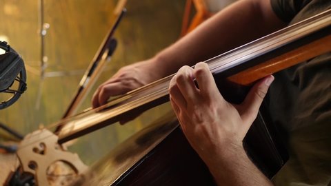 Detail of a double bass player hands playing contrabass musical instrument. Double bass strings. Hands playing music instrument closeup.