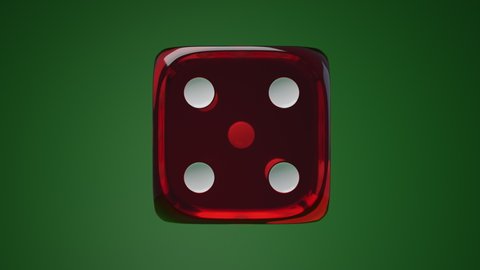 Transparent red colored plastic dice with white dots, green background. Dice rotation close up animation. Realistic 3D Render concept. Gambling, casino, playing game addiction. Luck, success, fortune