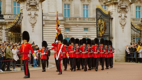 LONDON, circa 2021 - The Coldstream Guards of the British Army Household Division march from Buckingham Palace during the famous Changing the Guard