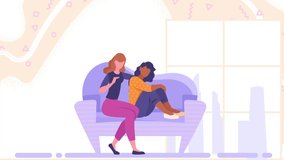 Friends support concept. Woman hugs and soothes frustrated unhappy girl sitting on couch. Popup moving female characters. Psychological help. Graphic modern animated cartoon in high resolution
