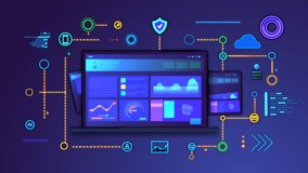 Cross platform site concept. Popup digital devices. Moving laptop, smartphone and tablet with adaptive interface. Web development. Cloud data storage. Graphic animated cartoon in high resolution - Powered by Shutterstock - Get 15% off with code: PIKWIZARD15