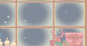 Animation of have a merry merry christmas text over winter snowy window. christmas, tradition and celebration concept digitally generated video.