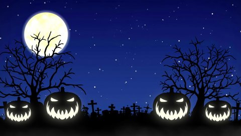Scary night of halloween background animation with stars, moon, flying bats, fog, trees, grass and pumpkins. Halloween background animation