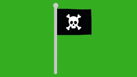 Loop animation of a black pirate flag with the classic drawing of a skull and crossbones on a pole and on a green chroma background