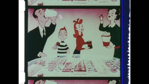 1940s Chicago, IL. Dancing Candy Bar and Soda Pop encourage Patrons to Go to the Lobby and Visit the Concession Stand. 4K Overscan of Vintage Archival Film print