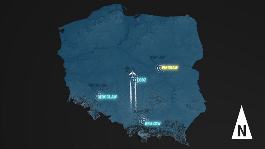 Seamless looping animation of the 3d terrain map at nighttime of Poland with the capital and the biggest cites in 4K resolution
