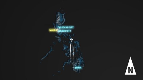 Seamless looping animation of the 3d terrain map at nighttime of Philippines with the capital and the biggest cites in 4K resolution