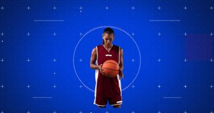Animation of scope scanning over female basketball player holding ball on blue background. sports and competition concept digitally generated video.