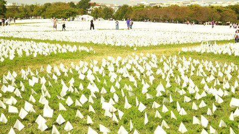 Washington DC USA 3rd Oct. 2021 : More Than 700,000 White Flags On The National Mall Honor Lives Lost To COVID · White flags stand near the Washington Monument in National Mall. USA.