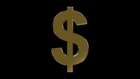 3D USD Dollar Rotating Sign. Gold symbol on a transparent background. 360 degree rotation. Looped video. 4K.