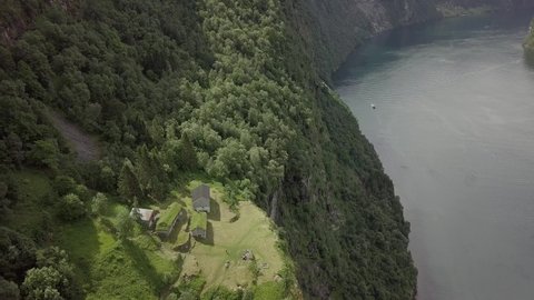 Aerial views of beautiful Geiranger and Geirangerfjord landscapes in the summer in Norway
