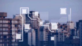 Animation of integrated circuit over city financial district. global business, finances and data processing concept digitally generated video. - Powered by Shutterstock - Get 15% off with code: PIKWIZARD15