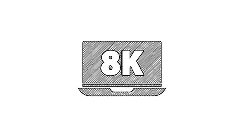 Black line Laptop screen with 8k video technology icon isolated on white background. 4K Video motion graphic animation.