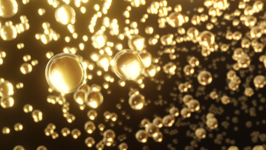 3D animation cosmetic bubble Moisturizing design on dark background. cosmetic essentials serum design. Beautiful Macro shot of various Gold bubbles in water. Royalty-Free Stock Footage #1081084814
