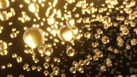 3D animation cosmetic bubble Moisturizing design on dark background. cosmetic essentials serum design. Beautiful Macro shot of various Gold bubbles in water.