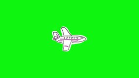 Cartoon large airplane flies in sky. White passenger airbus with pink stripes. Style: children's freehand drawing. 2D flat bright animation. Looped video. Side view. | 4k | Greenscreen | Alpha channel