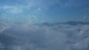 Animation of network of connections over clouds in background. global connections, data processing and digital interface concept digitally generated video.