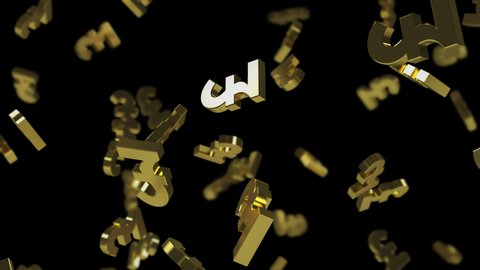 Falling gold Pound signs on a transparent background with depth of field. 3D Looped Animation ProRes 4444