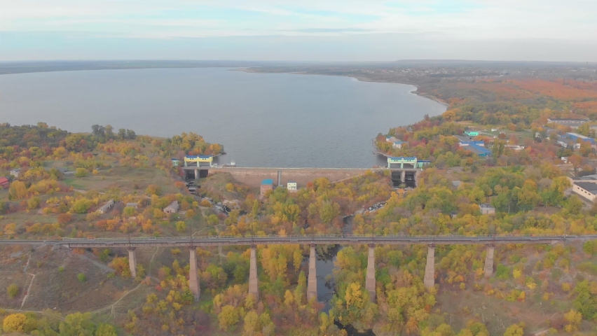 Lake dam railway bridge aerial view