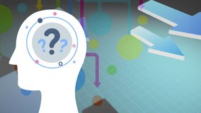 Animation of human head with question marks over colourful shapes on white background. social media and communication interface concept digitally generated video. - Powered by Shutterstock - Get 15% off with code: PIKWIZARD15