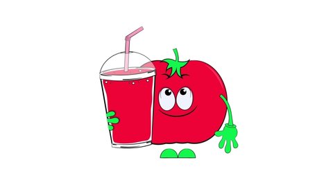 Tomato juice and cartoon tomato. Animation on a white background.