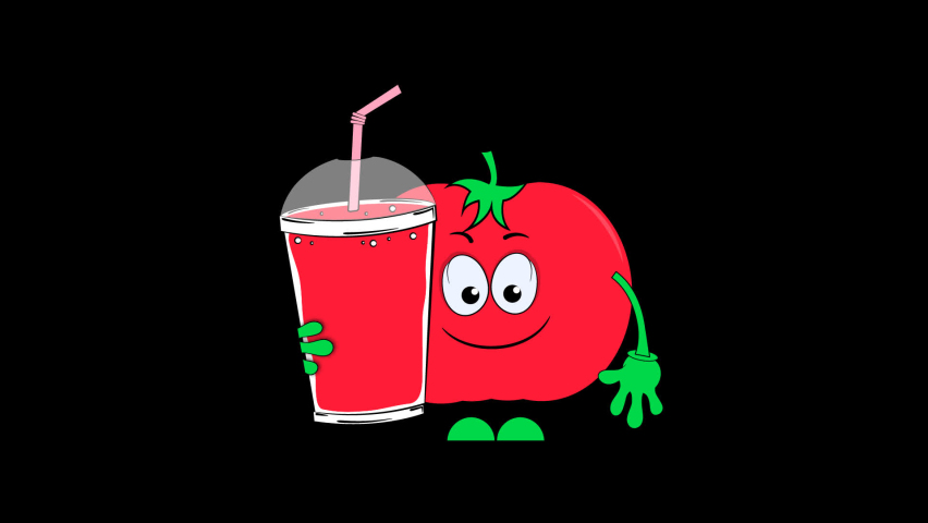 Tomato juice and cartoon tomato. Transparent background.