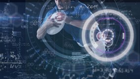 Animation of data processing over caucasian male rugby player running with ball. sport, connections and digital interface concept digitally generated video. - Powered by Shutterstock - Get 15% off with code: PIKWIZARD15