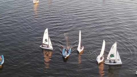 Dinghy Sailing And Motorboats At Lake Pontchartrain In New Orleans, USA. aerial