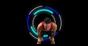 Animation of caucasian sportsman over scope scanning on black background. sport, connections and digital interface concept digitally generated video.