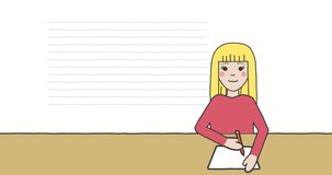 Animation of schoolgirl taking notes over school items icons on white background. school, education and study concept digitally generated video.