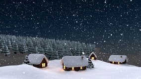 Animation of snow falling over winter scenery with houses and fir trees. christmas, winter, tradition and celebration concept digitally generated video.