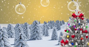Animation of christmas tree with decorations over snow falling and winter landscape. christmas, tradition and celebration concept digitally generated video.