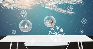 Animation of snow falling over fir tree with baubles. christmas, tradition and celebration concept digitally generated video.