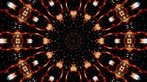 Abstract glow shine gold red kaleidoscope sequence pattern. 4k seamless loop abstract multicolored motion graphics background for transition, VJ loop, shows, mandala, fractal animation.

