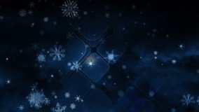 Animation of snow falling over blue shapes moving. christmas, tradition, celebration and global connections concept digitally generated video.
