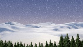 Animation of santa claus in sleigh with reindeer over snow falling and winter landscape. christmas, tradition and celebration concept digitally generated video.