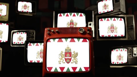 Flag of Budapest, Capital of Hungary, and Vintage Televisions. 