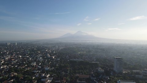 Aerial view of Mount Merapi Landscape with Yogyakarta landscape view.