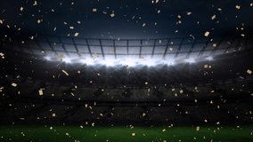 Animation of confetti floating over sports stadium at night. sports, competition and victory concept digitally generated video.