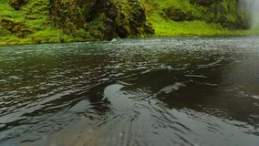 HD Drone Video of Big Powerful Waterfall with Lots of Water Spray. Skogafoss