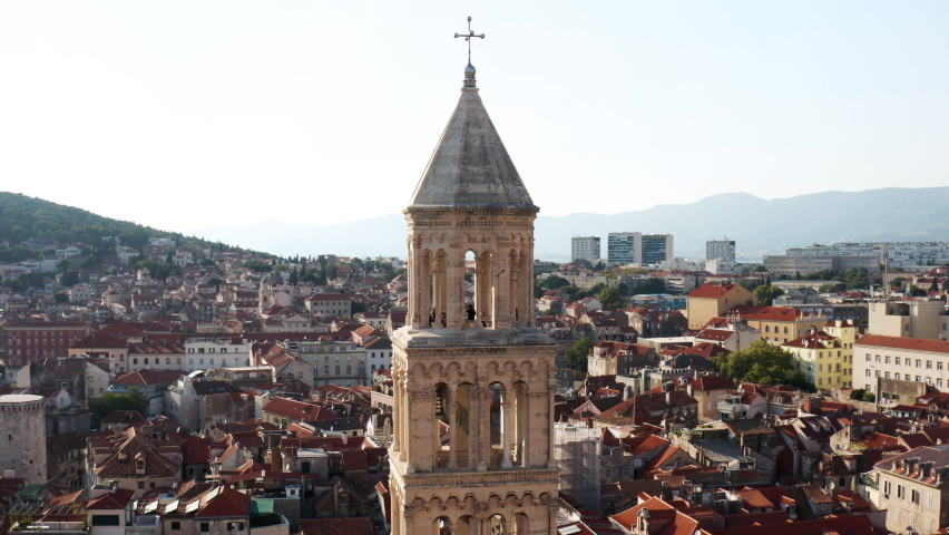 Bell Tower Of Catholic Cathedral Of Saint Domnius In Split, Croatia. aerial orbit Royalty-Free Stock Footage #1081123883