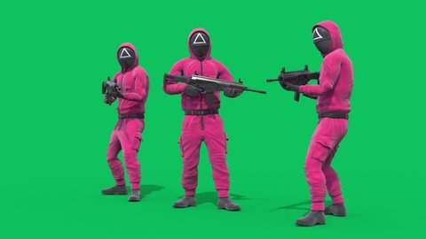 Squid Game Guards Green Screen with Rifles 3D Rendering Animation