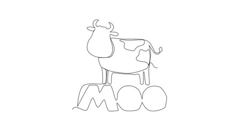 Animated self drawing of continuous line draw cute and adorable typography animal quote - Moo for cow sound. Calligraphic design for print, card, banner, poster. Full length one line animation.