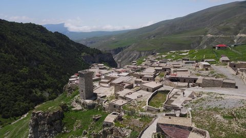 Restored Medieval Village of Khoy in Chechen Republic, Russia. Aerial View