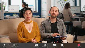 POV of colleagues talking with partners using webcam during video conference explaining financial annual reports, planning a new business in start up office. Footage with software overlay concept - Powered by Shutterstock - Get 15% off with code: PIKWIZARD15