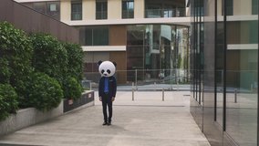 Storytelling video of a businessman wearing a giant panda mask. Elegant man dancing and having fun outside the office. Concept about lifestyle and business