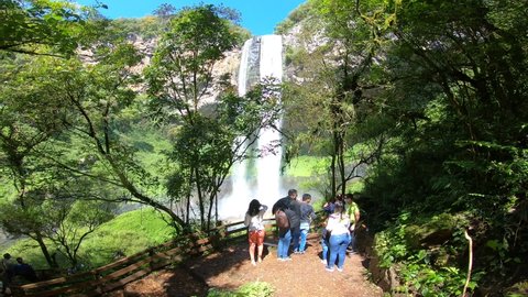 Canela, Rio Grande do Sul, Brazil - 10 22 2021: Caracol Waterfall, Caracol State Park, an environmental protection area