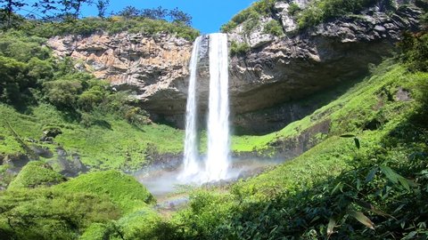 Canela, Rio Grande do Sul, Brazil - 10 22 2021: Caracol Waterfall, Caracol State Park, an environmental protection area