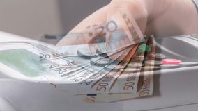 Animation of euro banknotes and coins falling over hand of caucasian man holding payment terminal. finance, money, no cash payments safety digital generated video. - Powered by Shutterstock - Get 15% off with code: PIKWIZARD15