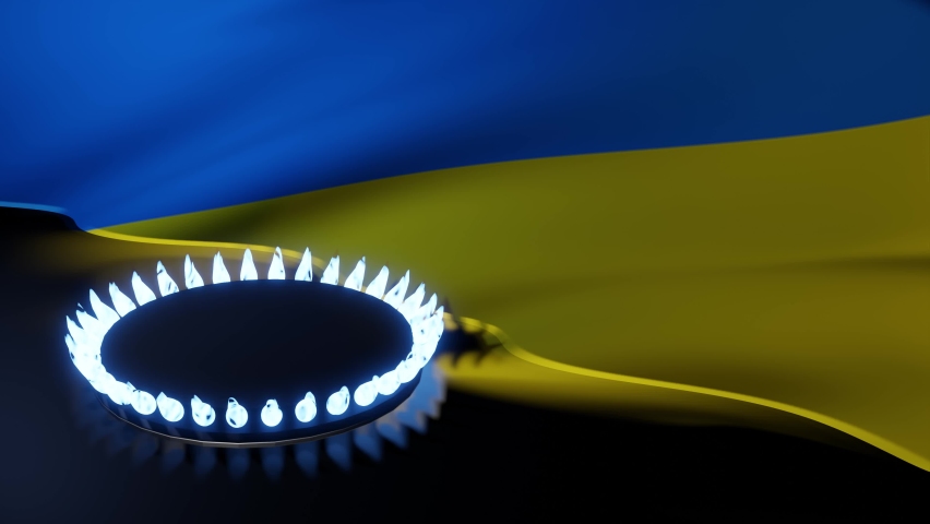 3d render. Burning gas burner against the background of the Ukrainian flag. Gas price increase concept. economic problems due to rising gas prices